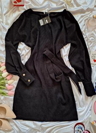Черное вельветовое платье с поясом с длинным рукавом весна осень зима2 фото