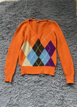 Benetton 100% шерсть яркий стильный свитер
