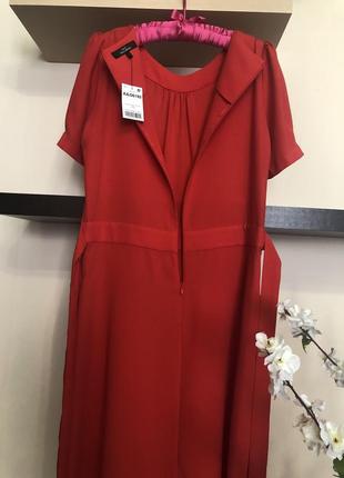 Красное платье с поясом, нарядное платье, платье миди,9 фото