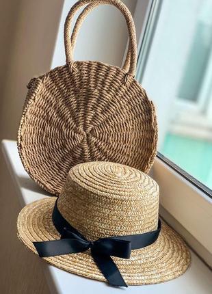 Комплект соломенная шляпка женская канотье и круглая сумочка из рафии1 фото
