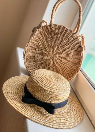 Комплект соломенная шляпа женская канотье и сумочка плетёная