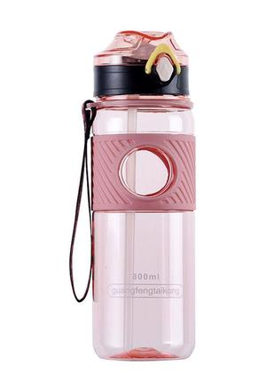 Бутылка для воды с трубочкой 800 мл прозрачная для напитков с дозатором и ремешком
