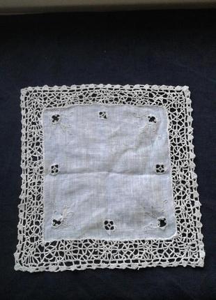Тонкий льняной дамский карманный платочек с кружевом ,носовой платочек, паше винтаж1 фото