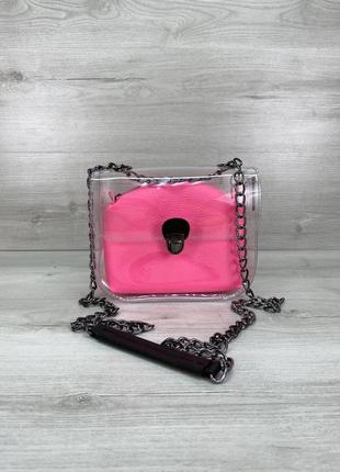 Маленькая силиконовая сумочка 2в1 с косметичкой с розовой неоновой косметичкой