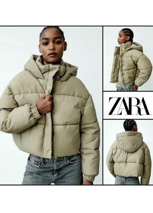 Зимняя вареная куртка пуффер zara s-m с термоизоляцией стеганая женская укороченная теплая бежевая хаки пуфер пуховик анорак женский