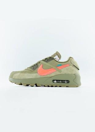 Кросівки жіночі / чоловічі зелені з шкіри off white nike air max 90 "desert ore"