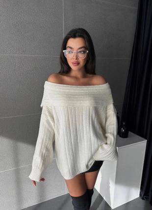 Трендовый свитер туника с открытыми спущенными плечами вязаный свитер с воротником лодочка серый бежевый молочный черный голубой турция