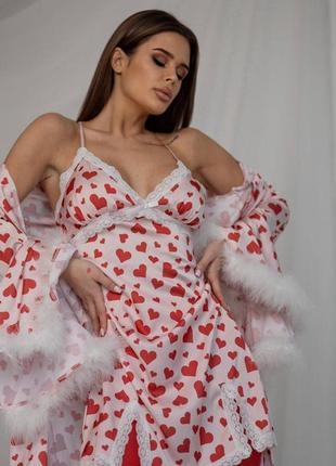 Пижамный костюм «starsca» (халат+ночная рубашка) шелк армани и натуральное перо модель: 20724