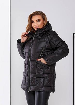 Куртка зима 🧡 58 56 54 52 р 50 48 размеры черный черная батал большие женская пальто пуховик плащ  теплая зимняя синтепон плащевка капюшон молния6 фото