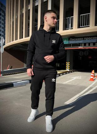 Зимний спортивный костюм adidas bb3684 с начесом черный худи + черные штаны2 фото
