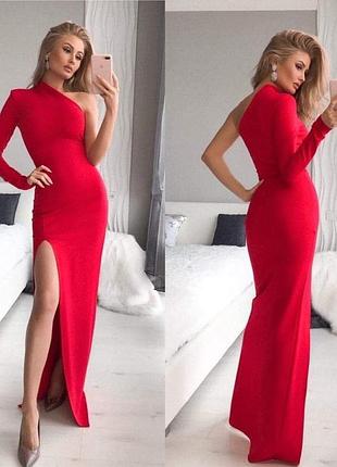 Роскошное красное платье с одним рукавчиком