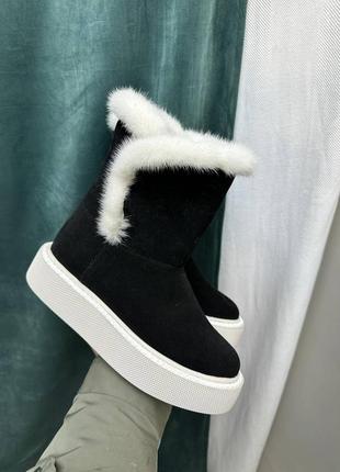 Черные замшевые ботинки сапоги угги с мехом из норки8 фото