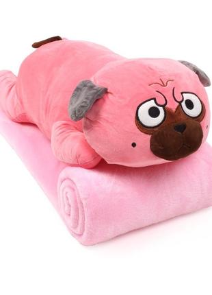 Іграшка з пледом собака мопс 38 см (іграшка+подушка+плед) рожева