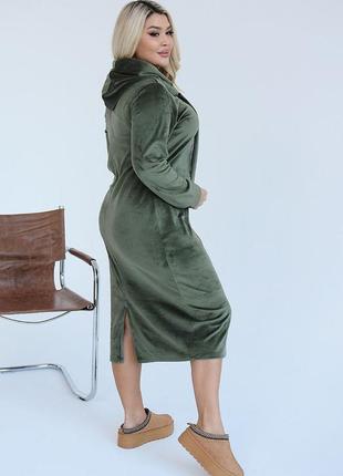Женское велюровое платье миди теплое с капюшоном прогулочное повседневное велюр2 фото