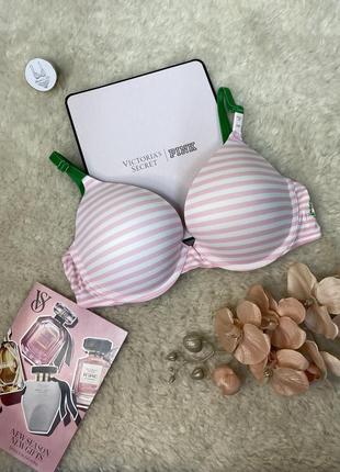 Бюстгальтер push up 34с victorias secret розово полосатый с зеленым pink оригинал виктория сикрет1 фото