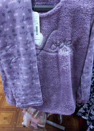 Зимняя теплая флисовая+махра пижама/домашний костюм кофта и штаны 42-50