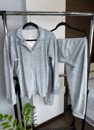 Сірий велюровий домашній костюм/піжама сорочка і штани 46-50