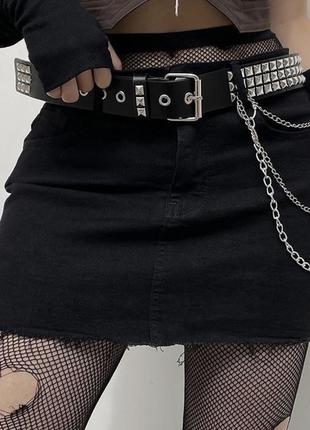 Ремень с заклепками и цепями готика гранж рок панк1 фото