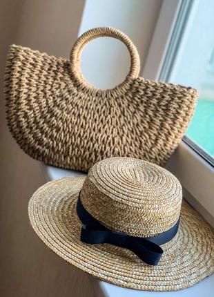 Комплект соломенная шляпка женская канотье и сумочка плетёная из у