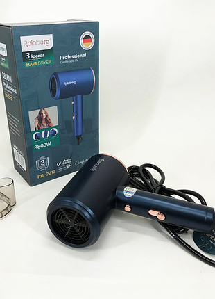 Фен rainberg rb-2212 8800 w з регуляцією температури та швидкості для сушіння та укладання волосся.