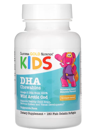 California gold nutrition, kids, жувальні таблетки з дгк, 100 % дика арктична тріска, смак полуниці