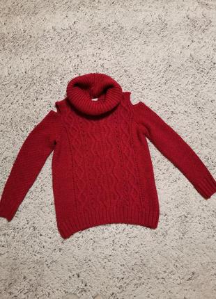 Теплий бордовий светр із високим горлом і відкритими плечима2 фото
