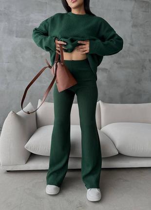 Женский теплый трендовый качественный турецкий хаки костюмчик свитер в рубчик оверсайз и брюки палац4 фото