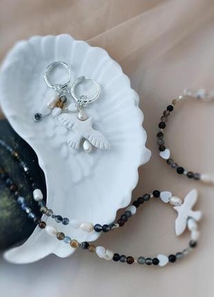 Чокер горлица, серьги птицы, браслет, комплект украшений из натуральных камней и полимерной глины горлица5 фото
