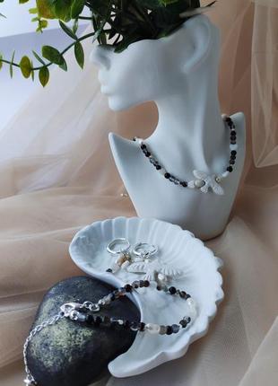 Чокер горлиця, сережки птаха, браслет, комплект прикрас з натурального каміння та полімерної глини горлиця3 фото