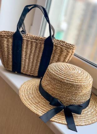 Комплект соломенная шляпа женская канотье и сумочка плетёная из рафии