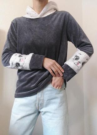 Пушистий худі сірий світшот з котиками толстовка м'який худі для сну