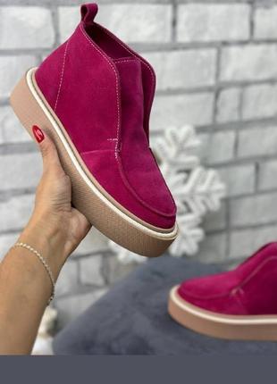 Жіночі зимові черевики лофери фуксія замшеві на вовні натуральна шкіра зима розмір 36-41 ❄️5 фото