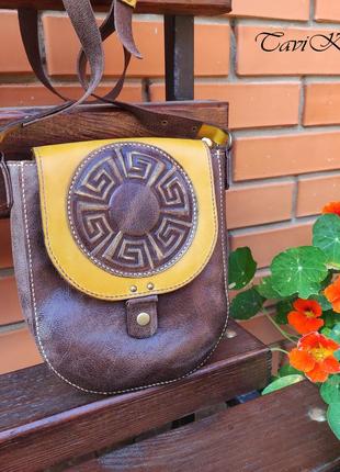 Кожаная женская сумка, коричневая круглая сумка5 фото