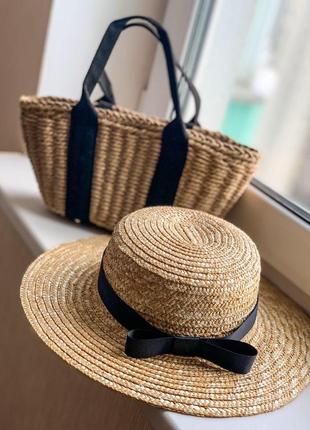 Комплект соломенная шляпка женская канотье и сумочка плетёная из рафии1 фото