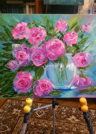 Картина полотно,олія, "троянди у блакитний вазі" 40*50 див.5 фото