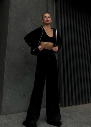 Костюм спортивний жіночий велюровий однотонний оверсайз кофта на блискавці штани вільного крою на високій посадці якісний стильний чорний