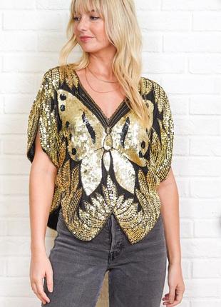 Блуза-бабочка в стиле 80-х годов, винтажная шелковая блузка с глубоким вырезом и пайетками и бисером, средний размер m
