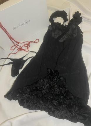 Чорний пеньюар з рюшами , чорна сексуальна ночнушка8 фото
