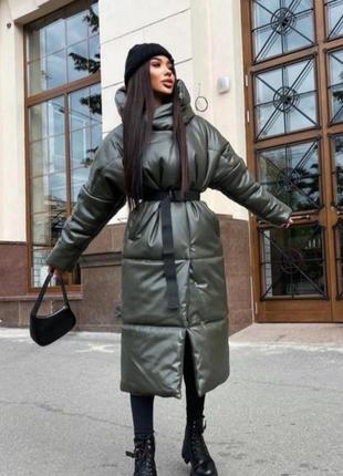 Зимний кожаный пуховик пальто в стиле zara свободного кроя оверсайз с капюшоном  зима до -20⁰