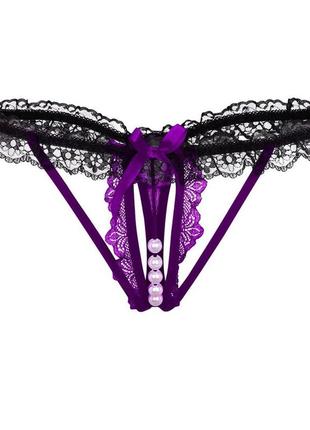 Эротические трусики стринги женские с вырезом черные с фиолетовым размер m - l