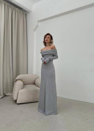 Женское длинное теплое приятное к телу роскошное изысканное серое платье 20241 фото