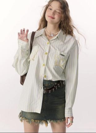 Вінтажна рубашка в полоску з вишивкою корейський стиль сорочка з пишним рукавом