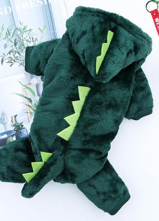Плюшевий костюм для домашніх тварин, одяг для собак та котів, теплий зимовий костюм динозавра з капюшоном2 фото
