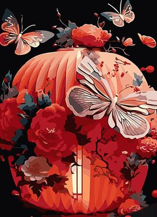 Картина по номерам strateg премиум японский фонарь в цветах на черном фоне размером 40х50 см (ah1009)