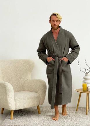 Натуральний вафельний бавовняний халат для дому чоловічий халат для лазні сауни басейну колір темно-сірий меланж