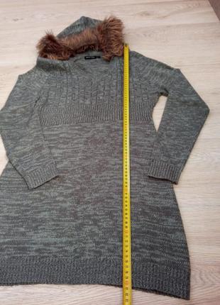 Женская одежда/ вязаная кофта, утепленное платье туника с капюшоном 🩶 46/48 размер, акрил6 фото