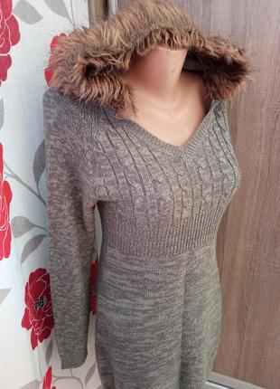 Женская одежда/ вязаная кофта, утепленное платье туника с капюшоном 🩶 46/48 размер, акрил2 фото