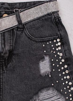 Стильні чорні сірі короткі джинсові шорти рвані з поясом стразами високою посадкою2 фото