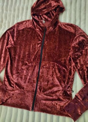 Худі, велюр, темно-бордовий, на блискавкі, з карманами, з капюшоном, поліестер, швецького  бренду hangmatta5 фото
