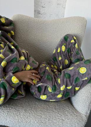 Костюм домашний пижама лимончик кофта свободная с капюшоном рукав с манжетом штаны на резинке с карманами манжеты ткань махра турция2 фото